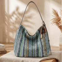 Borsa Donna Azzurra in Ecorafia ed Ecopelle con Manico Regolabile - Caffe / Ecorafia