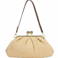 Borsa Sunny in Rafia con Manico in Ecopelle e Tracolla Oro