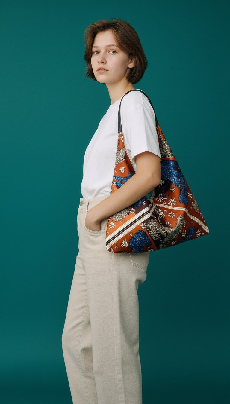 Modella indossa la borsa a triangolo anembags in tessuto stampato con dettagli in vera pelle su sfondo verde