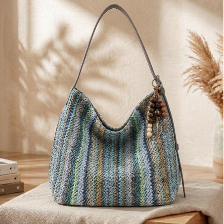 Borsa Donna Azzurra in Ecorafia ed Ecopelle con Manico Regolabile - Caffe / Ecorafia