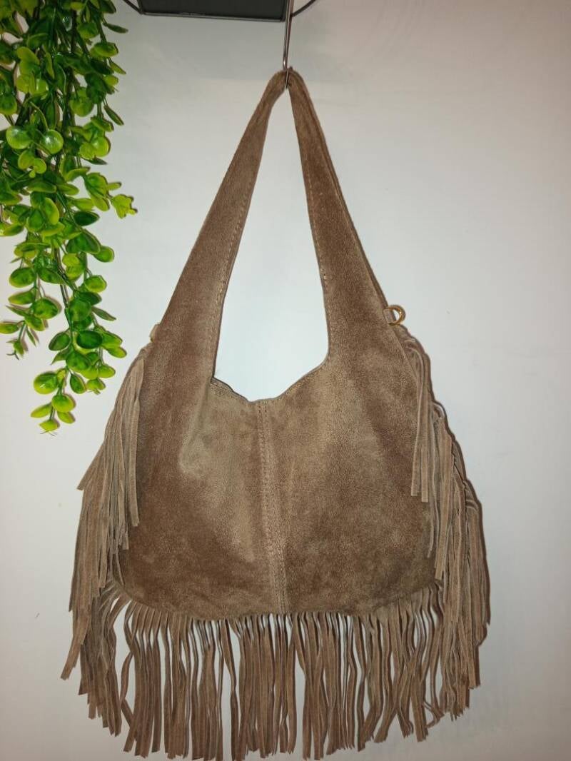 "Zoe" borsa a Spalla in Camoscio con Frange – Vera Pelle Made in Italy