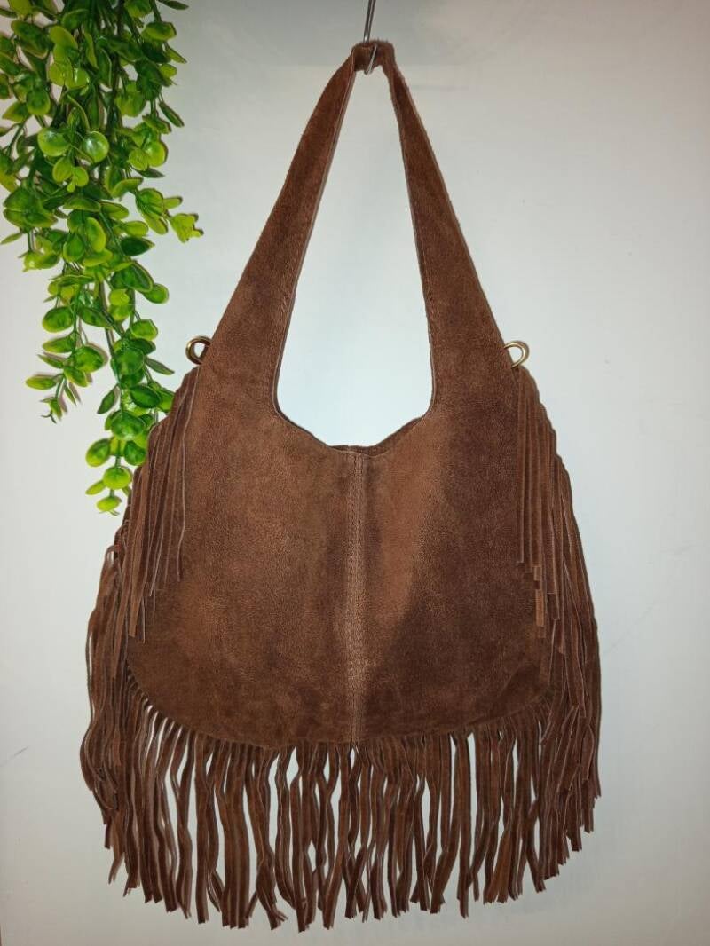 "Zoe" borsa a Spalla in Camoscio con Frange – Vera Pelle Made in Italy - Moro / Vero camoscio