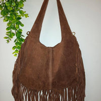 "Zoe" borsa a Spalla in Camoscio con Frange – Vera Pelle Made in Italy - Moro / Vero camoscio