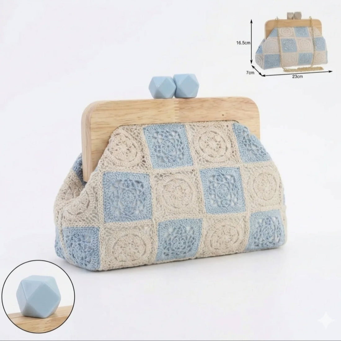 Borsa Jara a Mano Crochet con Manico in Legno e Dettagli Laccati