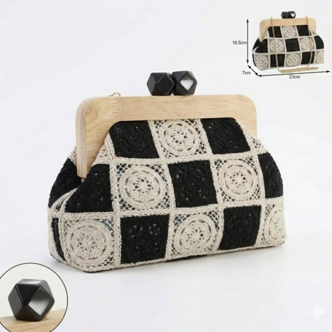 Borsa Jara a Mano Crochet con Manico in Legno e Dettagli Laccati