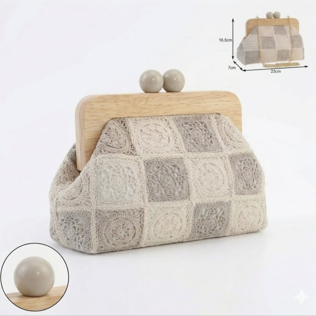 Borsa Jara a Mano Crochet con Manico in Legno e Dettagli Laccati
