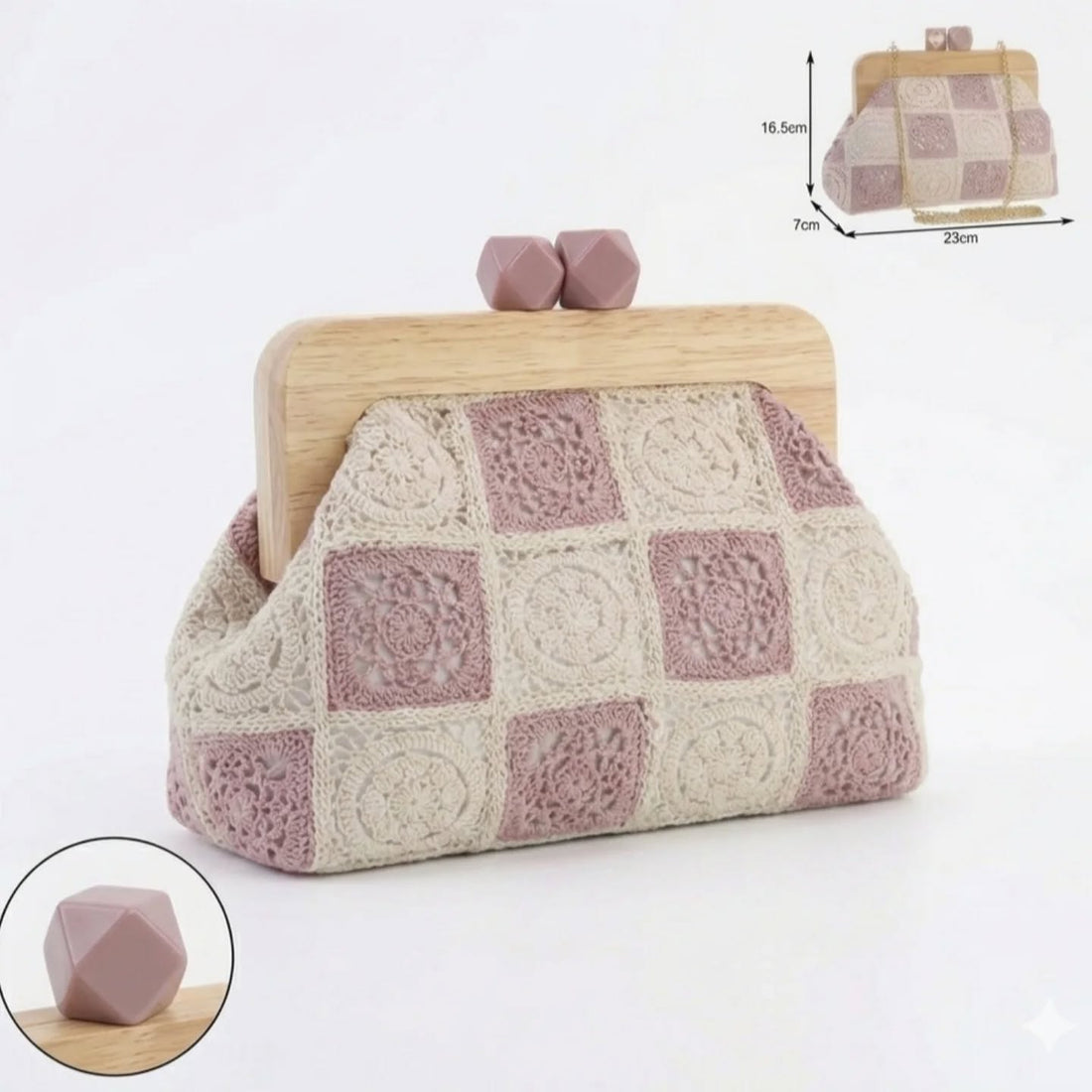 Borsa Jara a Mano Crochet con Manico in Legno e Dettagli Laccati