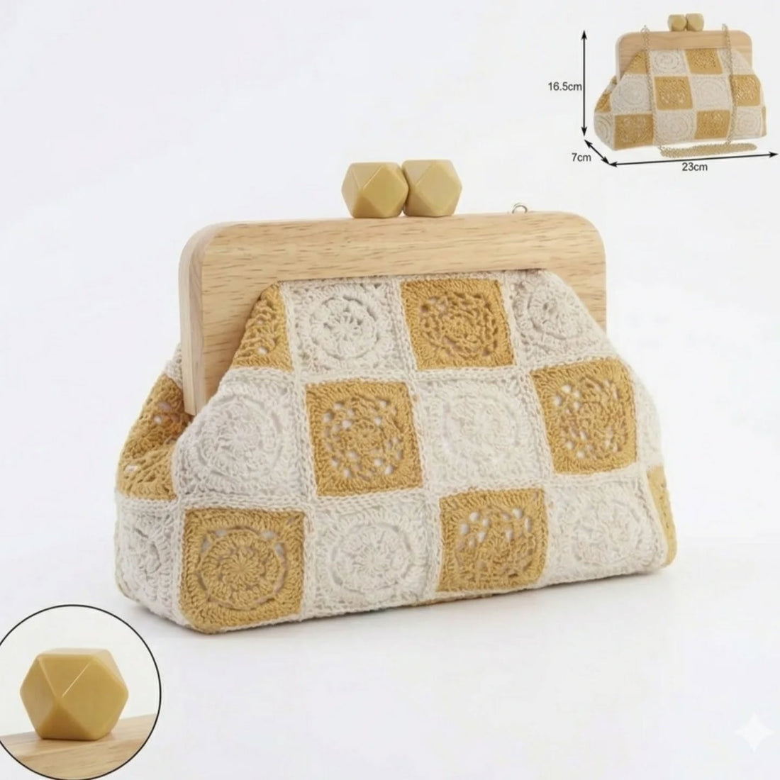 Borsa Jara a Mano Crochet con Manico in Legno e Dettagli Laccati