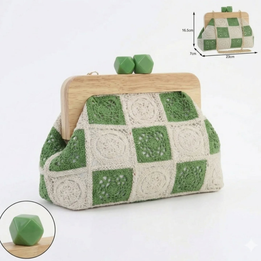 Borsa Jara a Mano Crochet con Manico in Legno e Dettagli Laccati
