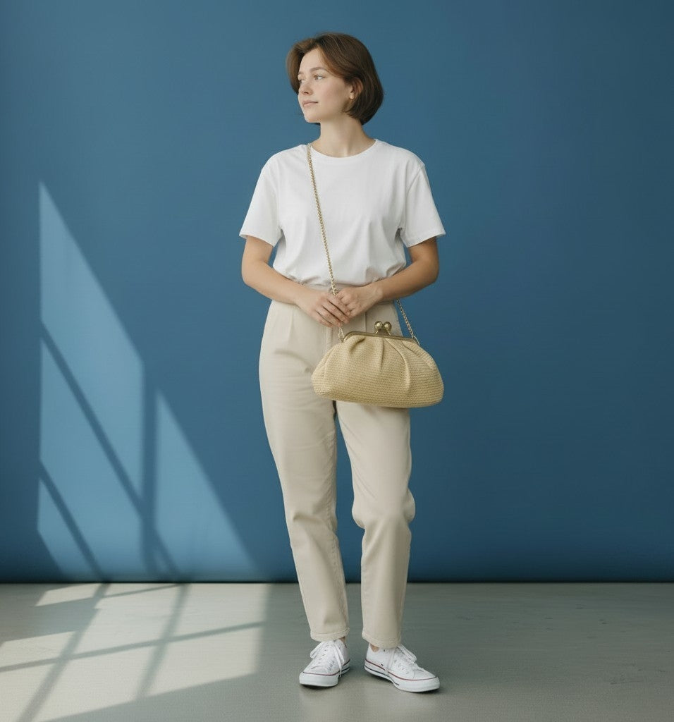 Borsa Sunny in Rafia con Manico in Ecopelle e Tracolla Oro