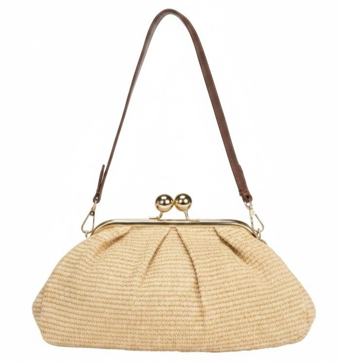 Borsa Sunny in Rafia con Manico in Ecopelle e Tracolla Oro