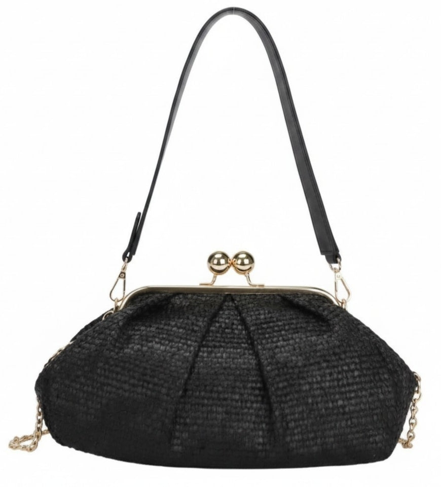 Borsa Sunny in Rafia con Manico in Ecopelle e Tracolla Oro