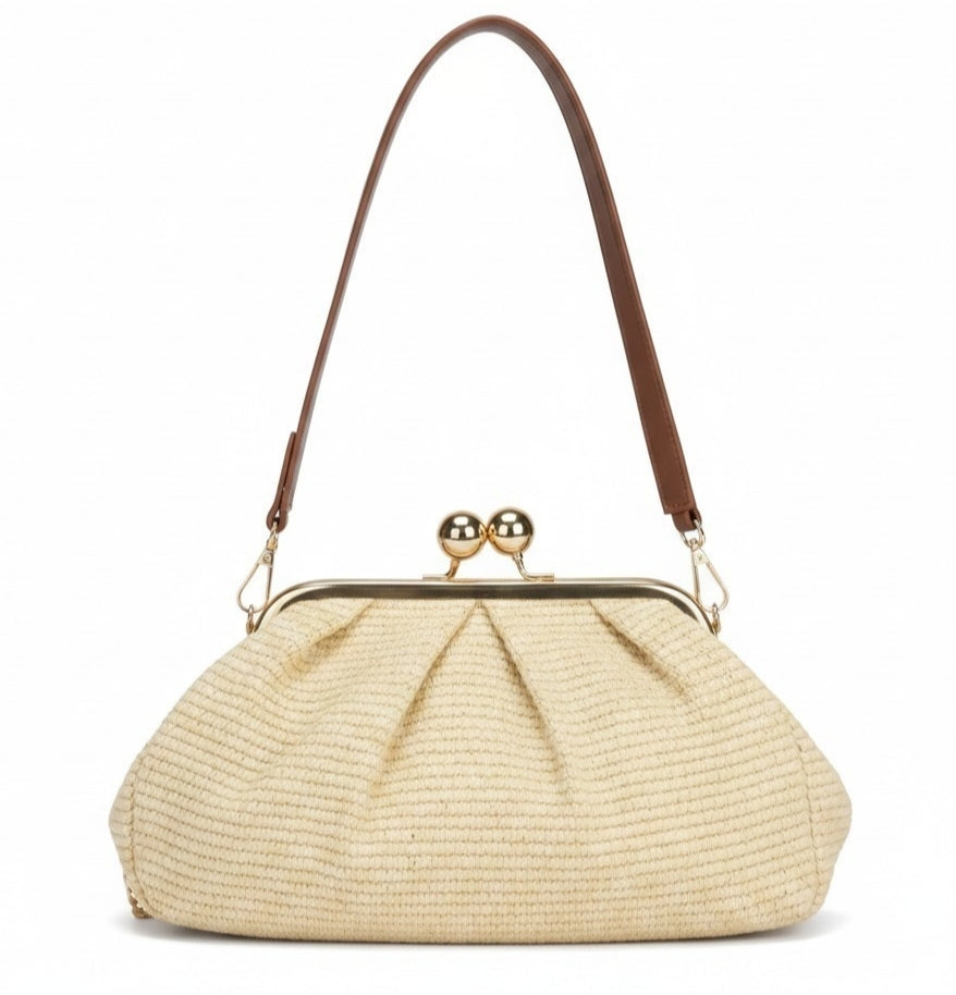 Borsa Sunny in Rafia con Manico in Ecopelle e Tracolla Oro