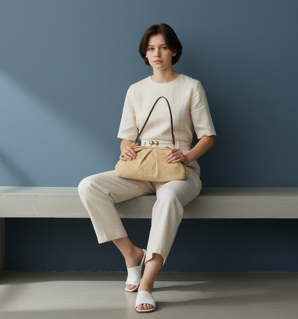 Borsa Sunny in Rafia con Manico in Ecopelle e Tracolla Oro